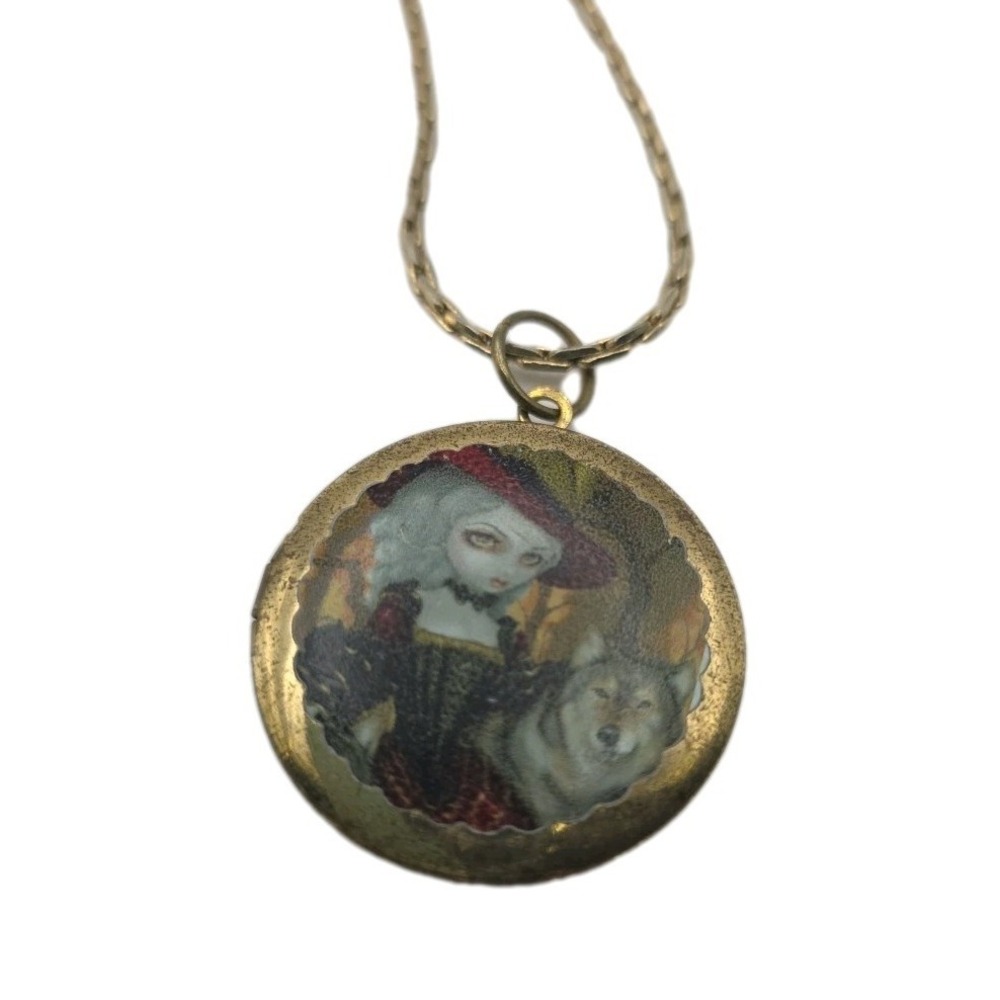 Fantasy Gothic Little Red Ridinghood Wolf Gold Tone Locket 16" Chain Necklace